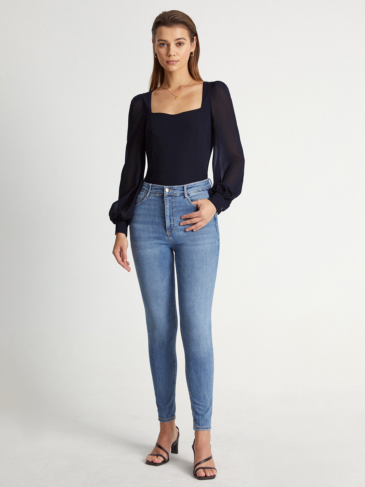 Thecomense - Mesh Puff Sleeve Square Neck Top