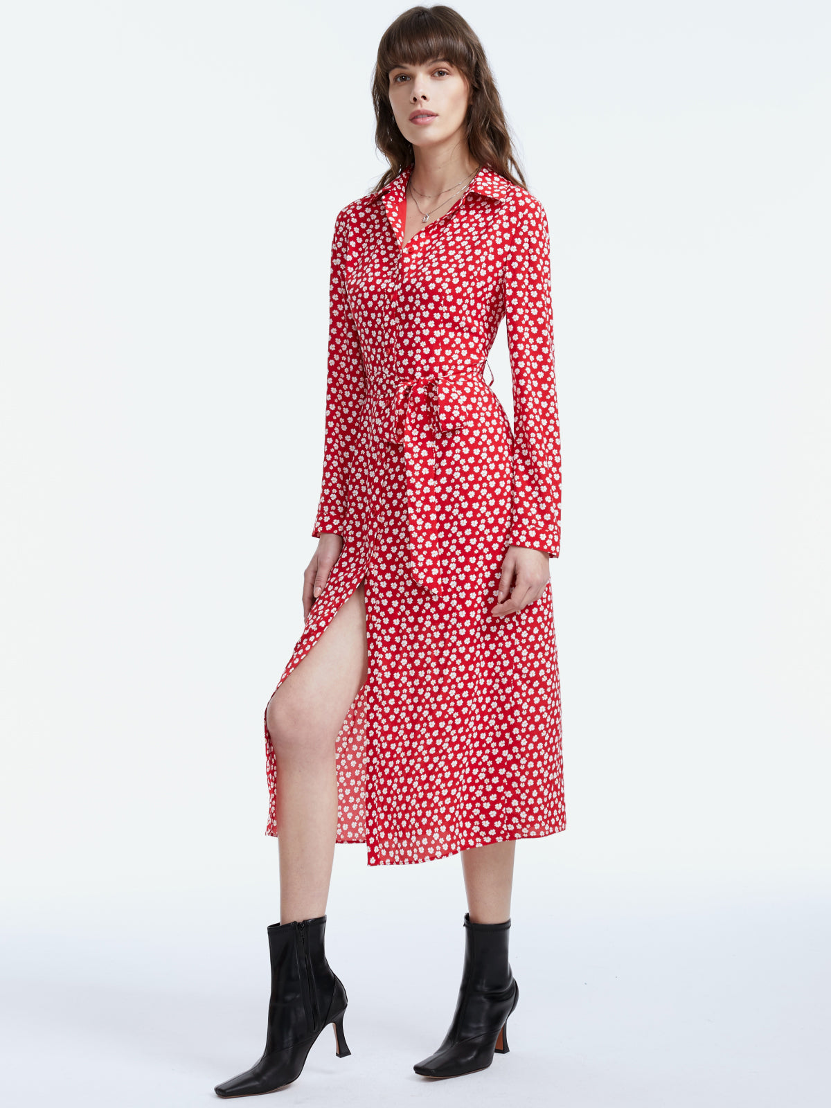 Thecomense - Long Sleeve Floral Collared Belted Slit Dress