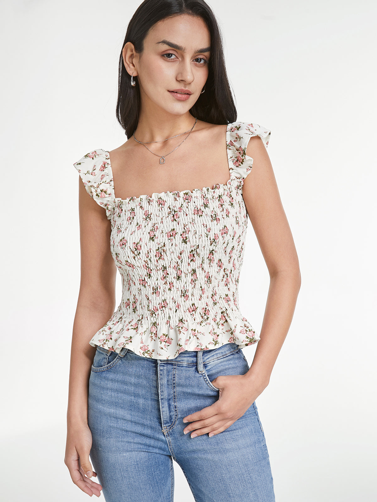 Thecomense - Square Neck Ruffle Strap Rose Peplum Top