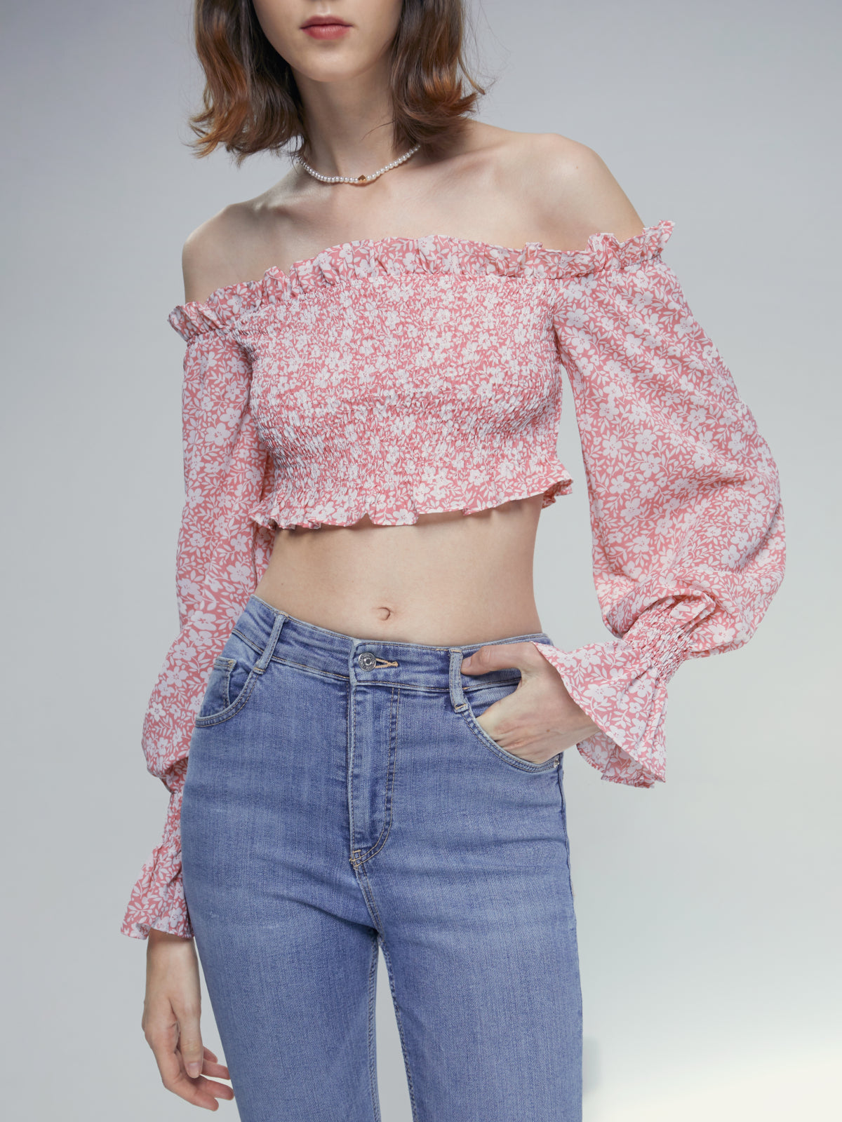 Thecomense - Off The Shoulder Floral Puff Sleeve Ruffle Top