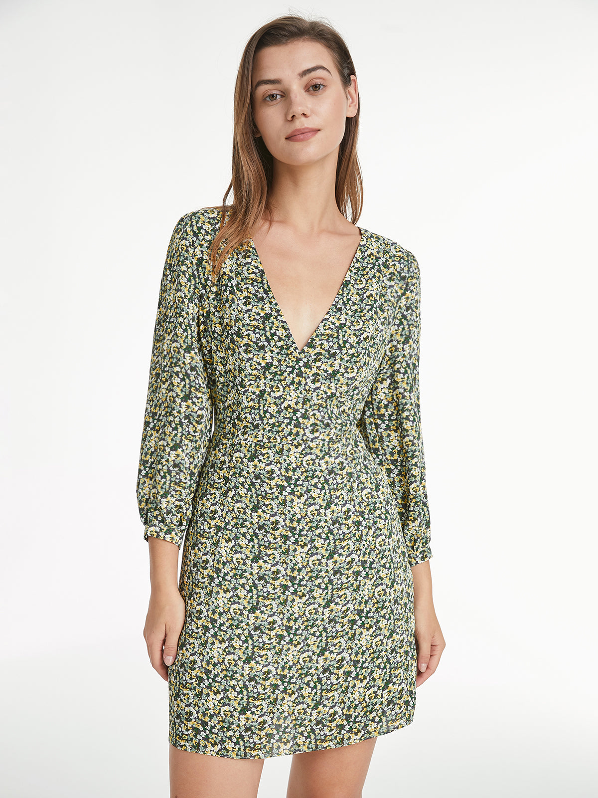 Thecomense - Mini Garden Floral Long Sleeve V Neck Mini Dress