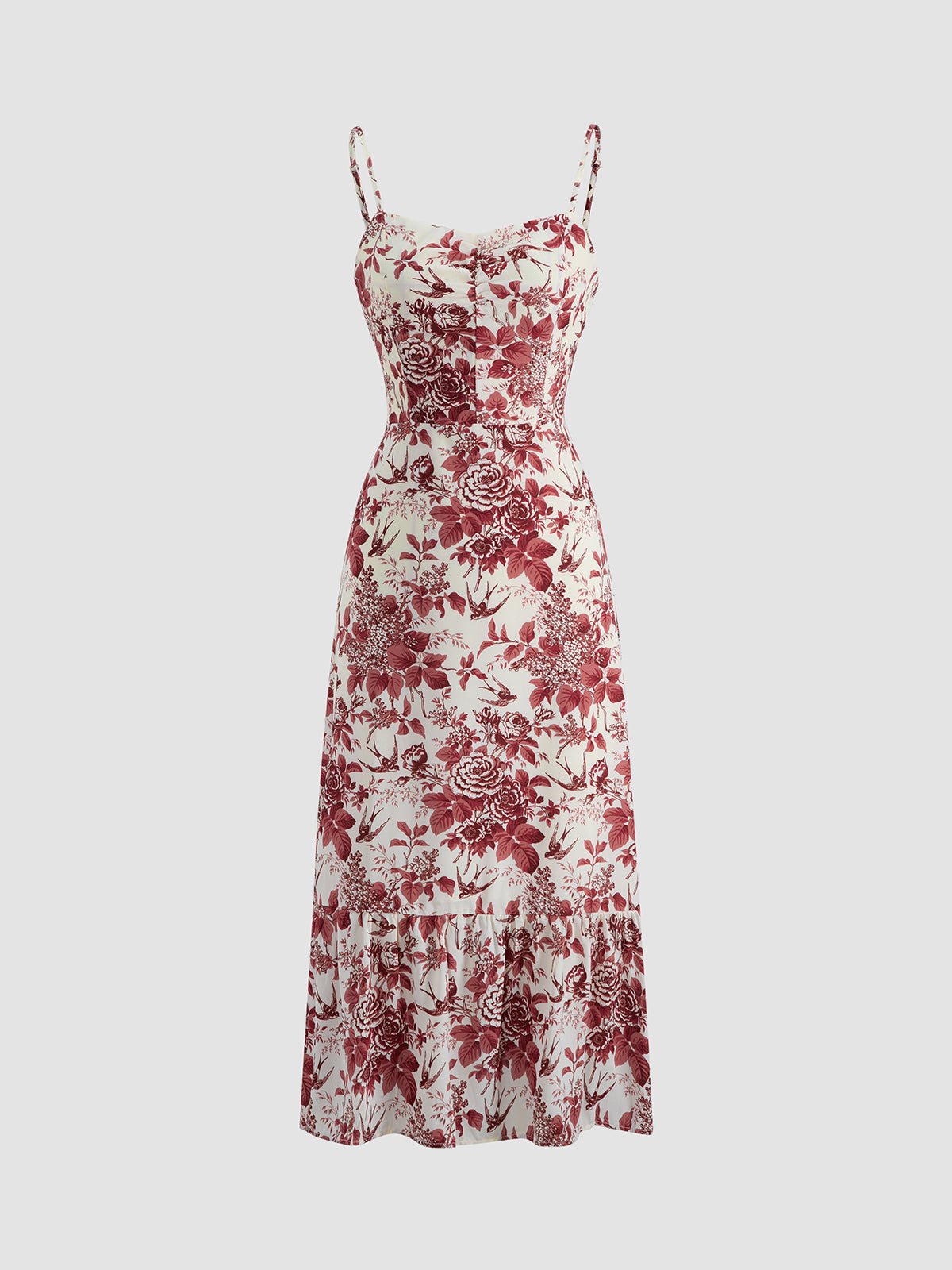 Thecomense - Rosy Bush Floral Strap Midi Dress