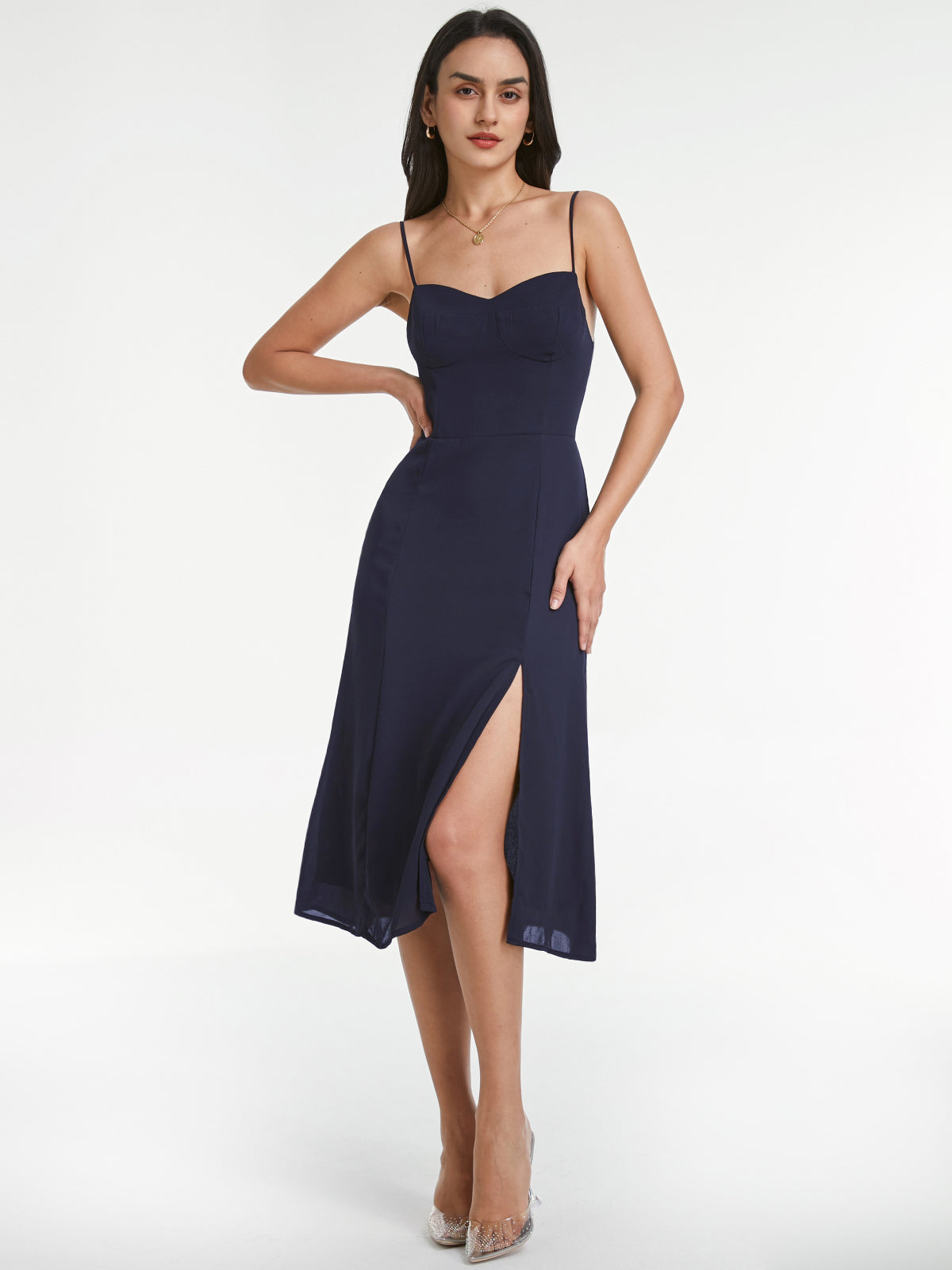 Thecomense - Sweetheart Mesh Overlay Contour Slit Strap Dress