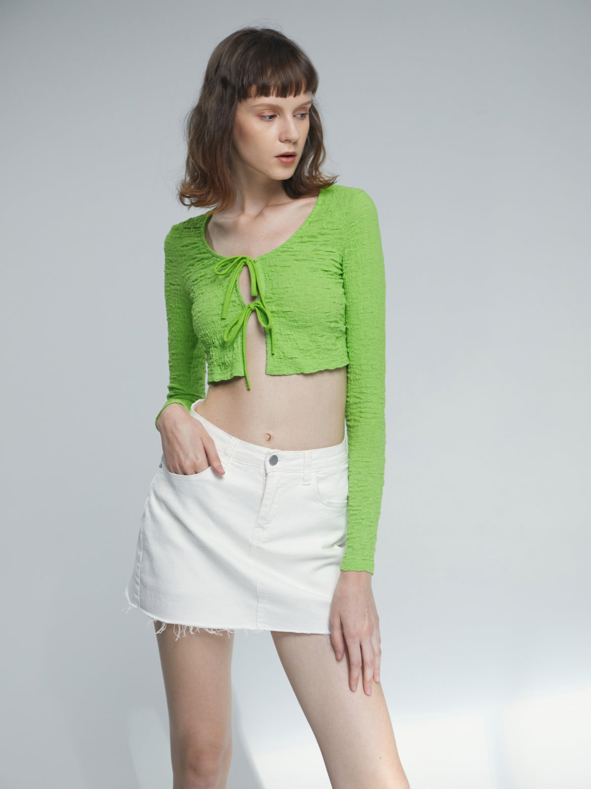 Thecomense - Scoop Neck Double Front Tie Cropped Cardigan