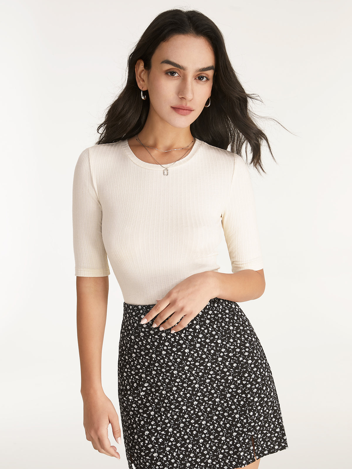 Thecomense - Short Sleeve Light Ribbed Essential Stretch Top