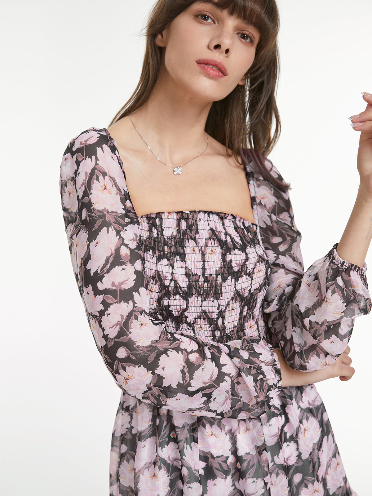 Thecomense - Mesh Long Sleeve Square Neck Tiered Short Floral Dress