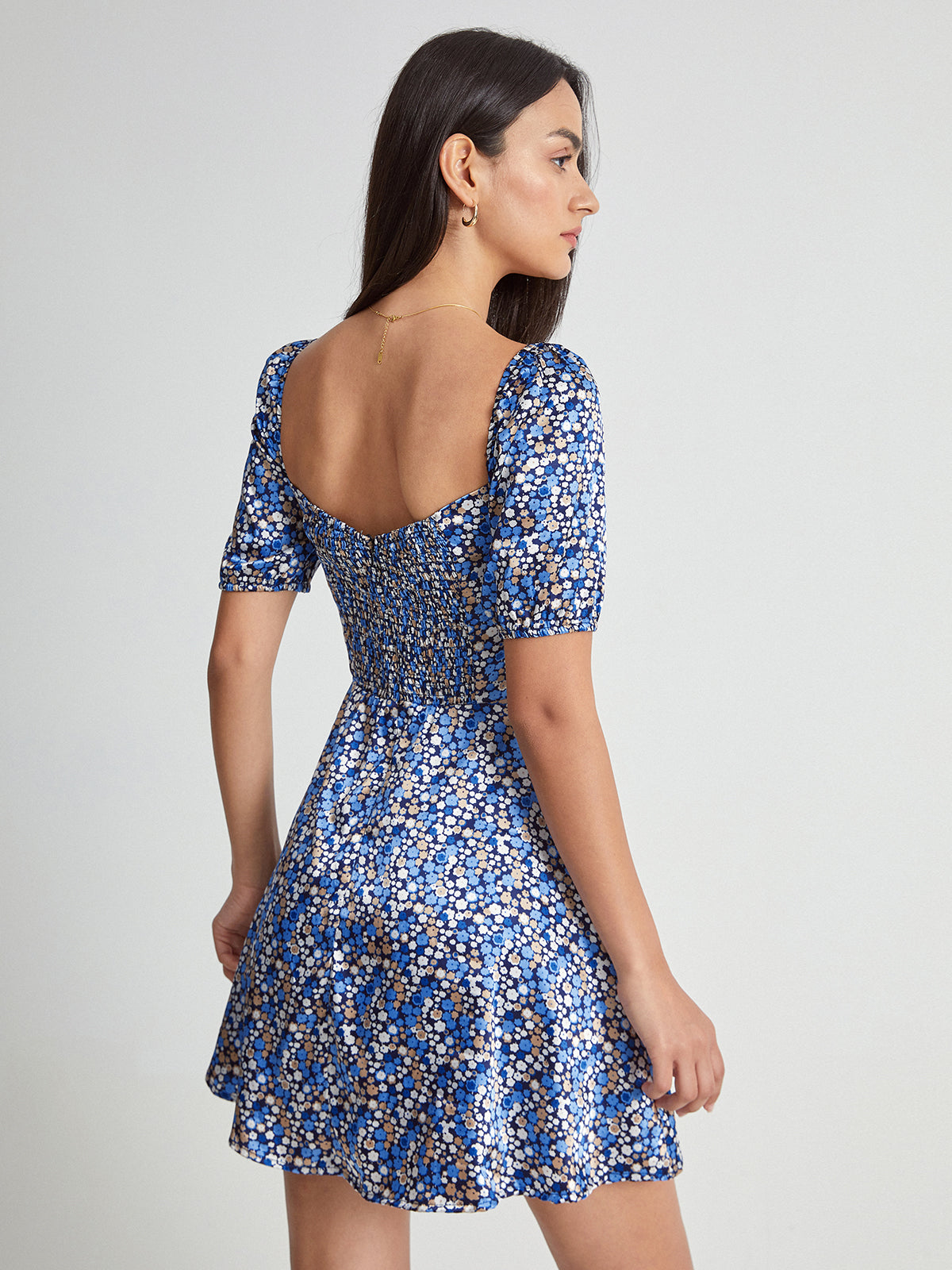 Thecomense - Flower Mosaic Short Puff Sleeve Mini Sun Dress