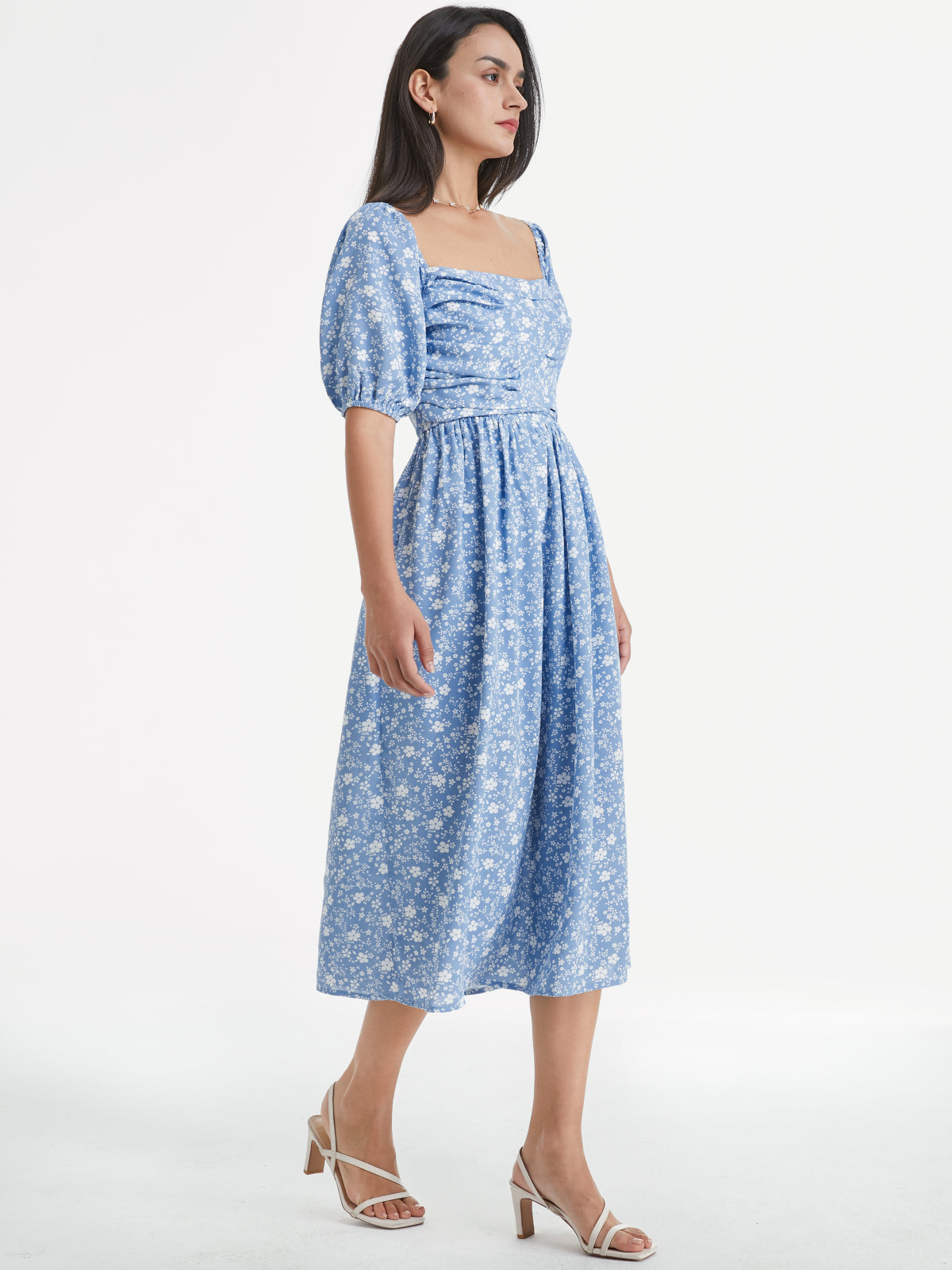 Thecomense - Square Neck Short Puff Sleeve Floral Cloud Midi A Line Dress