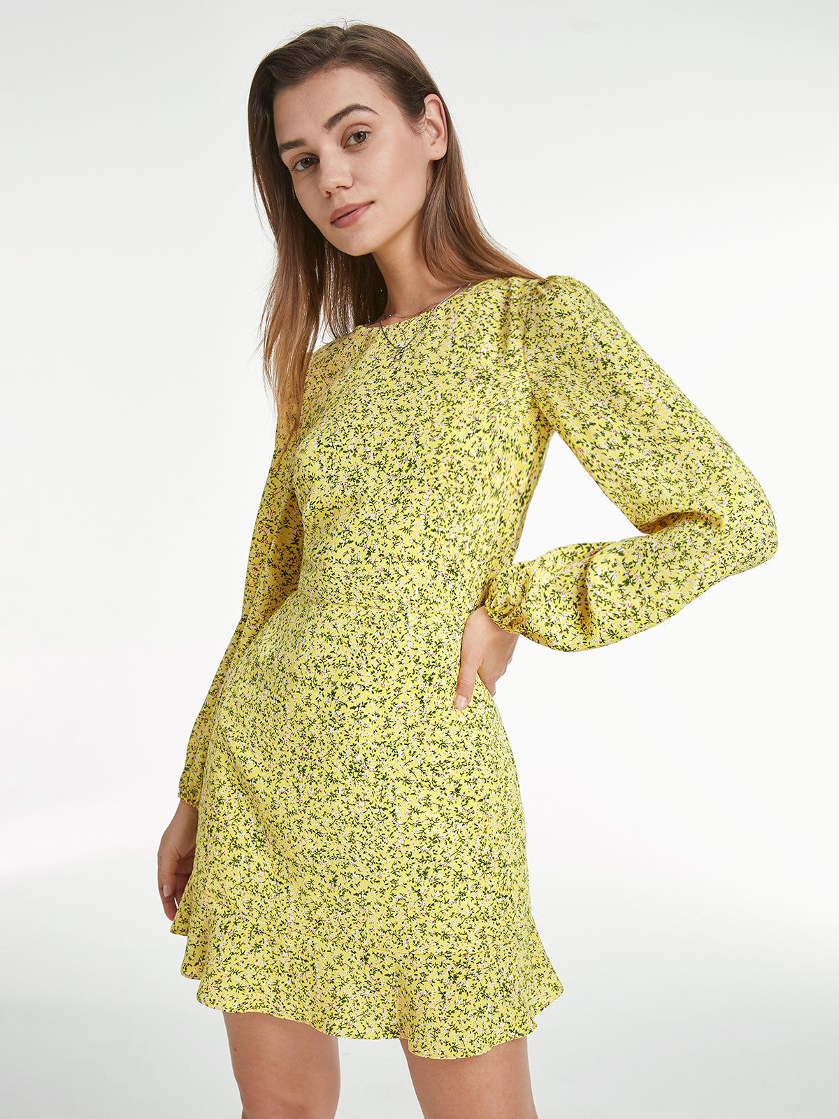 Thecomense - Long Puff Sleeve Straight Neck Back Cutout Floral Sun Dress