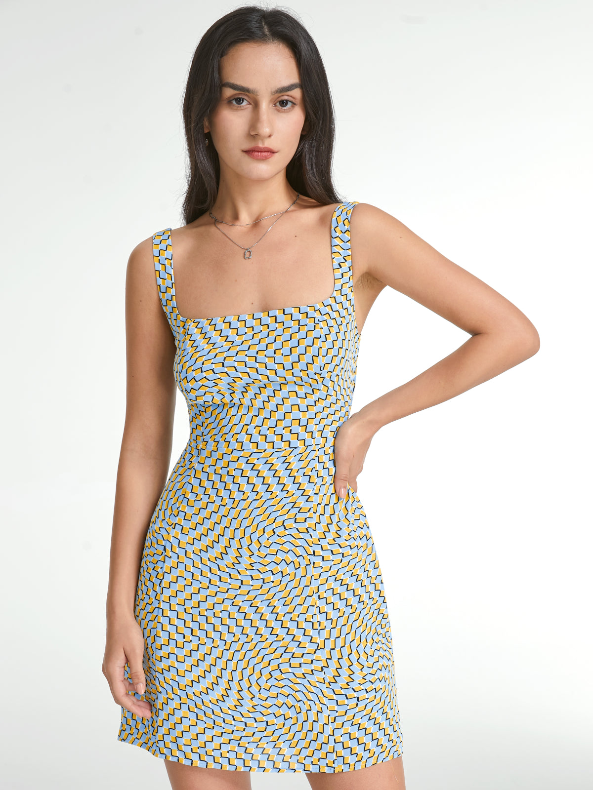 Thecomense - Psychedelic Square Neck Mini Strap Dress