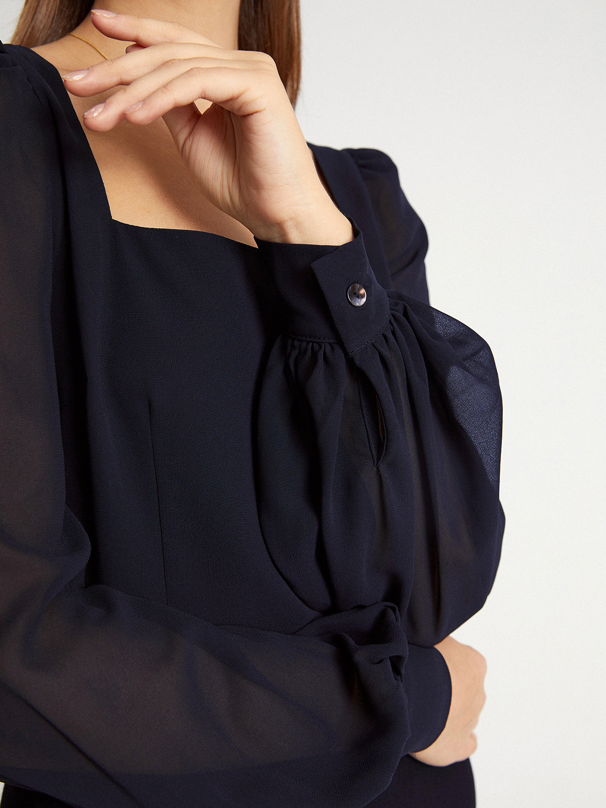 Thecomense - Mesh Puff Sleeve Square Neck Top