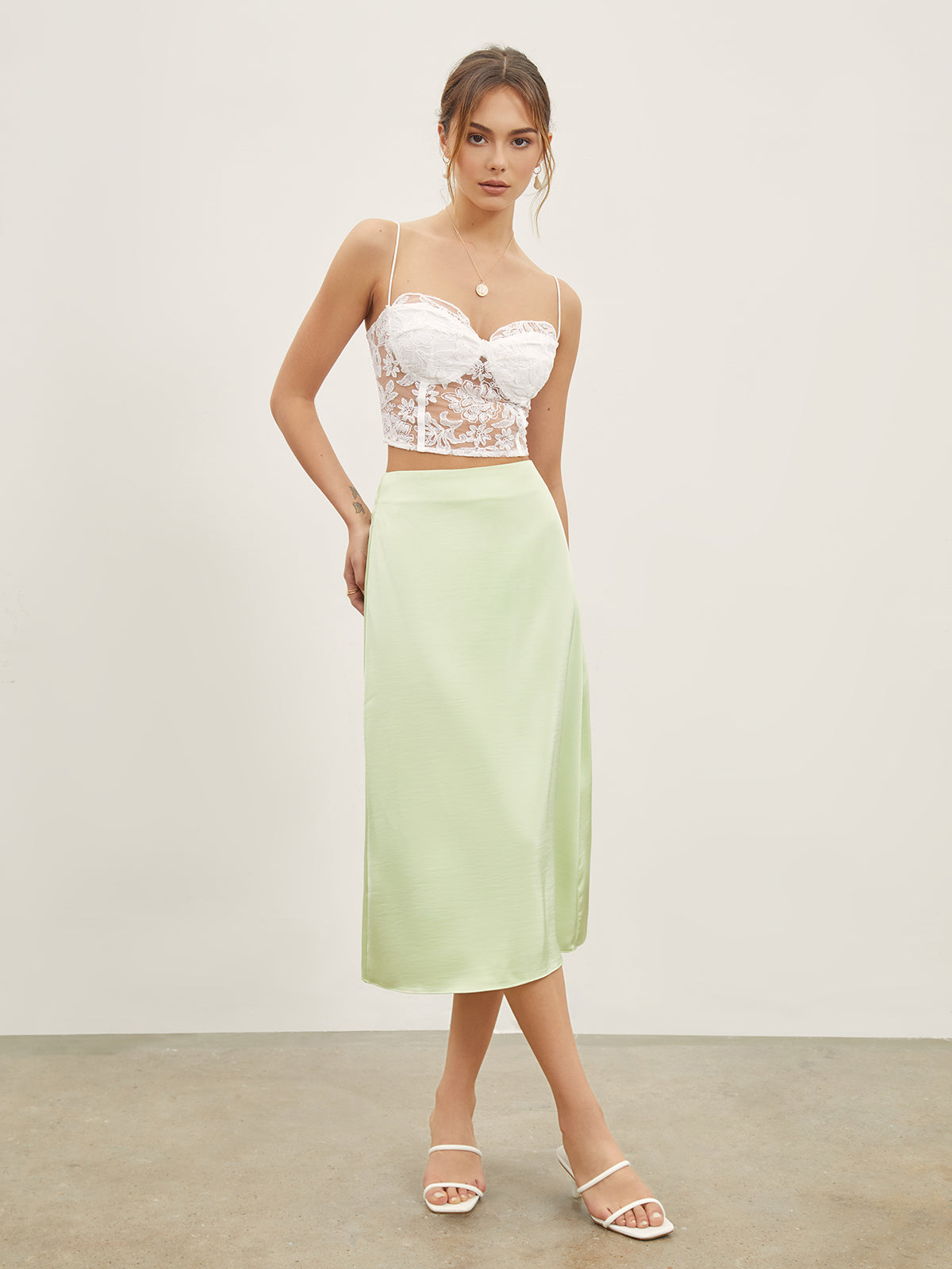 Thecomense - High Waisted Satin Midi Slip Skirt