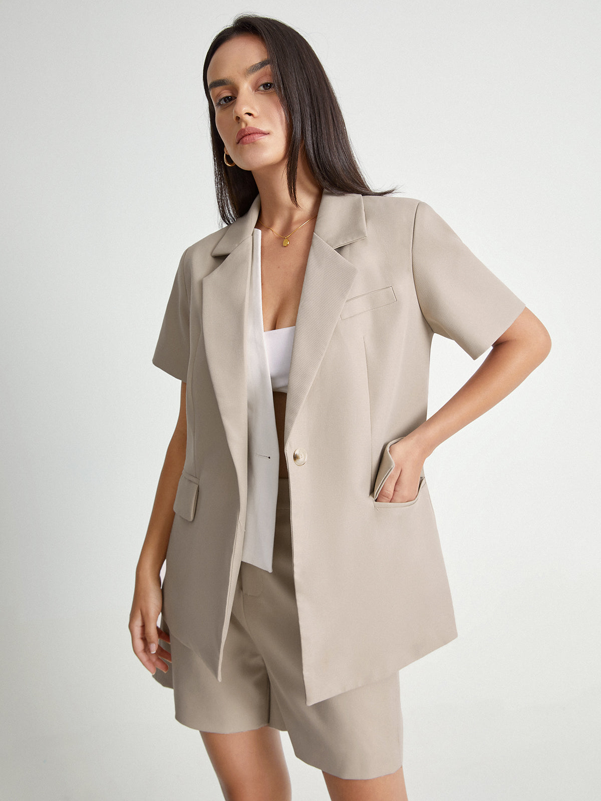 Thecomense - Short Sleeve Notch Lapel Contrast Vest Inlay Blazer