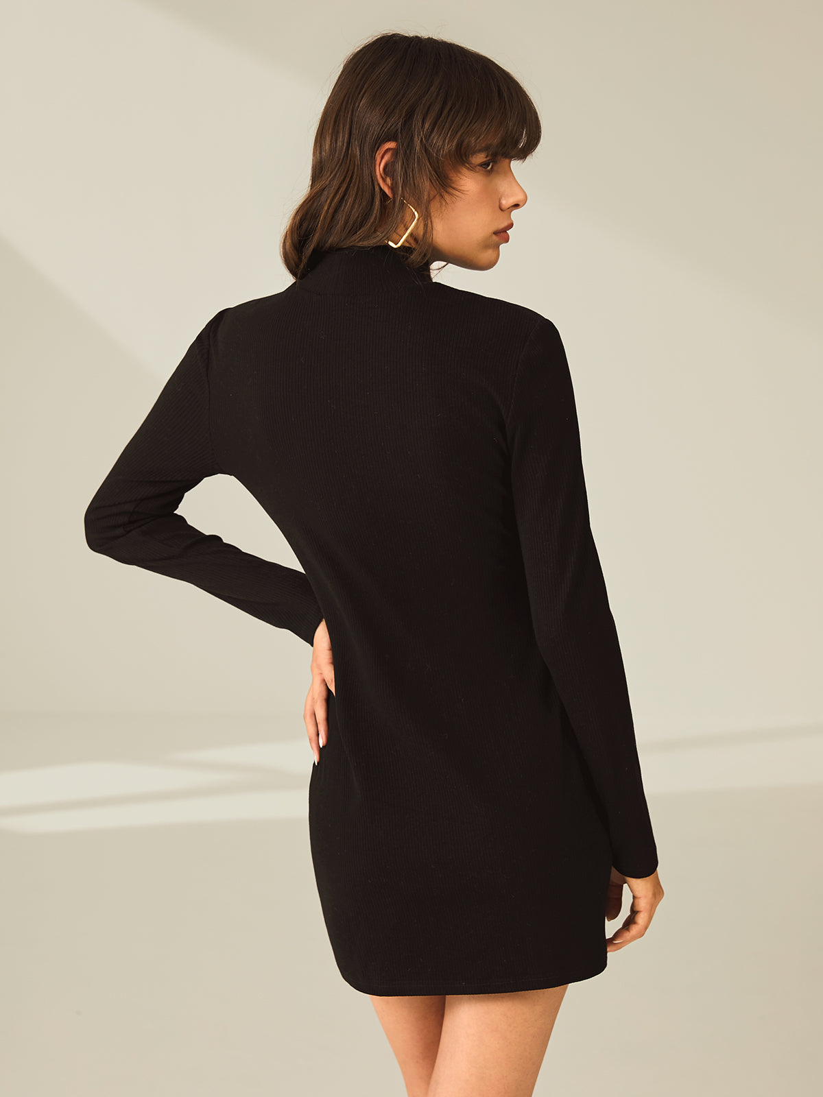 Thecomense - Turtleneck Long Sleeve Mini Dress with Slit and Ribbed Paneling