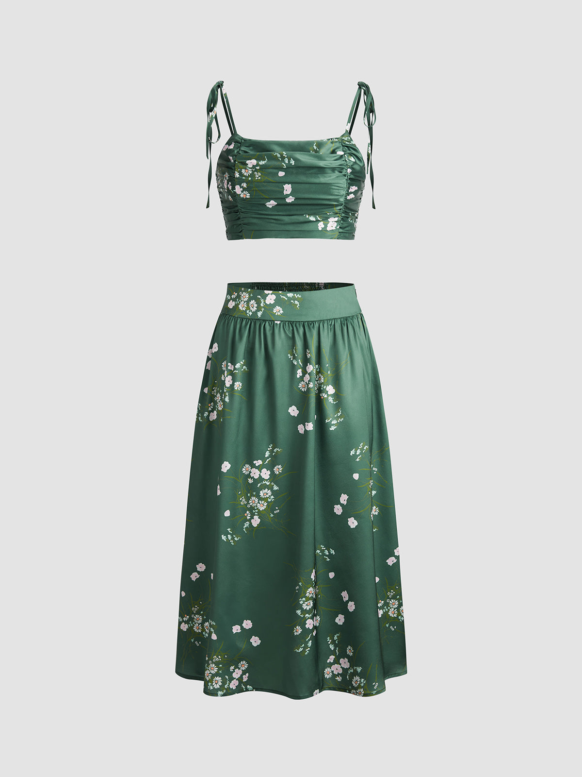 Thecomense - Emerald Green Floral Satin Two Piece Matching Set