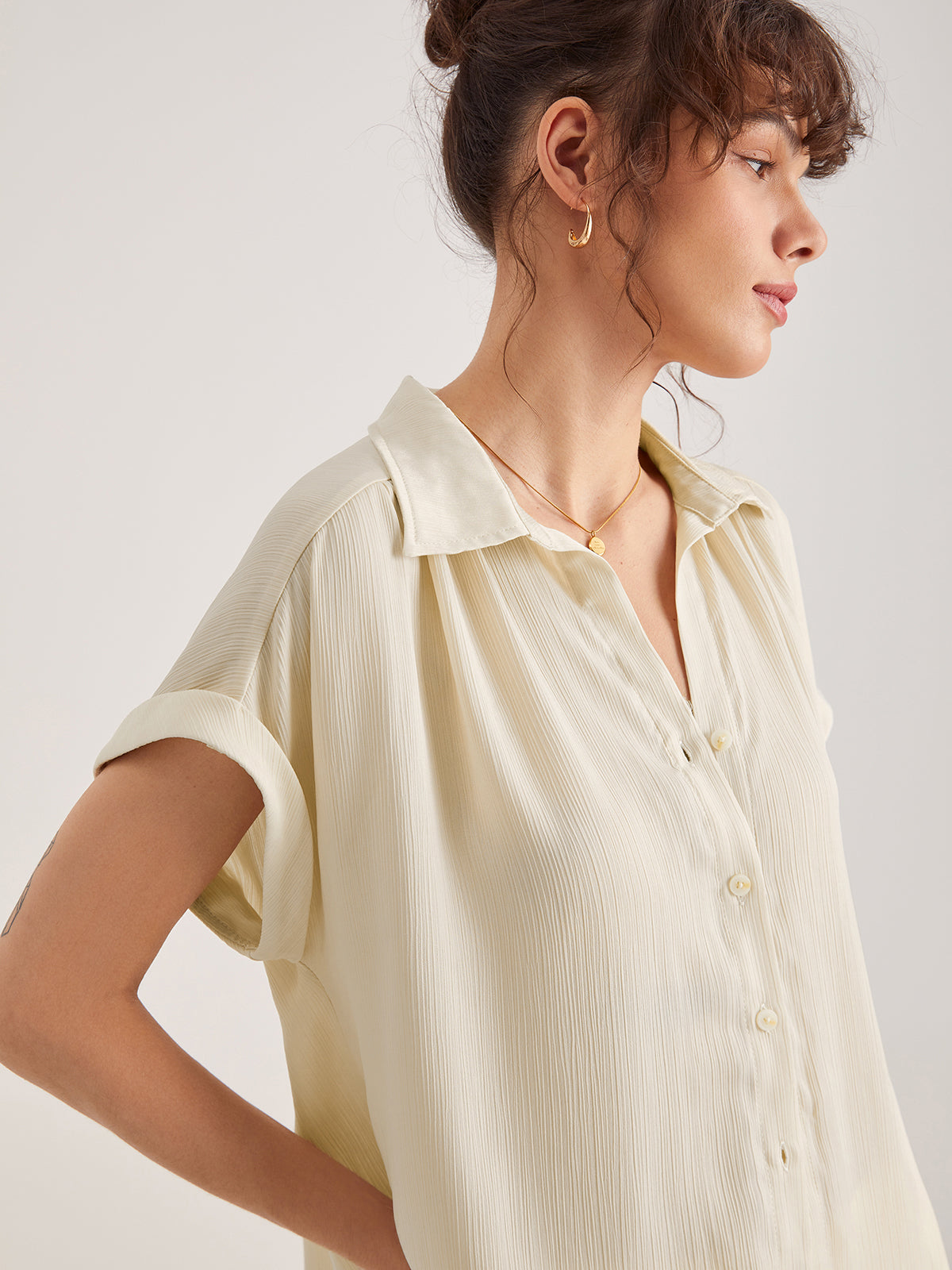 Thecomense - Drop Shoulder Pleat Button Up Shirt