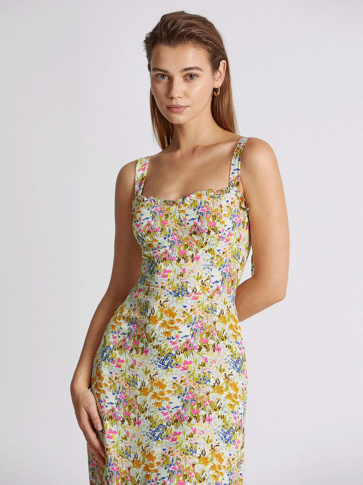 Thecomense - Sweetheart Floral Garden Ruffle Hem Midi Strap Dress