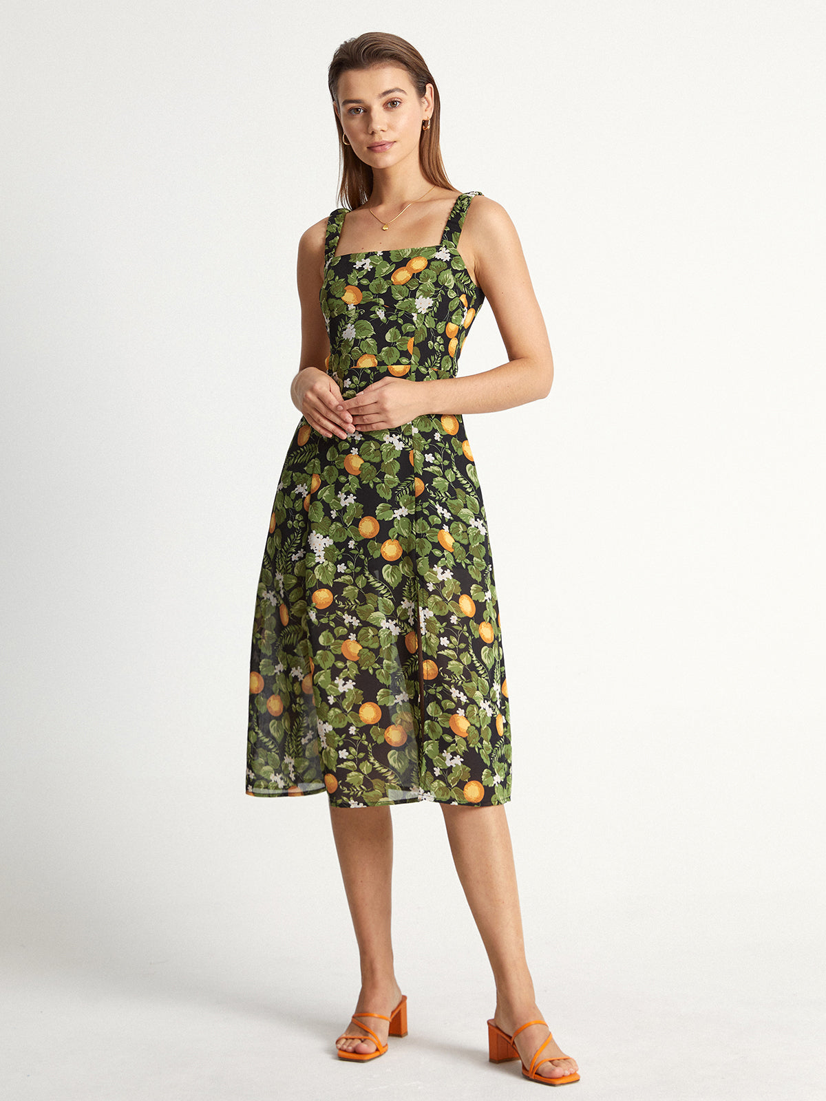 Thecomense - Square Neck Island Orange Midi Strap Dress