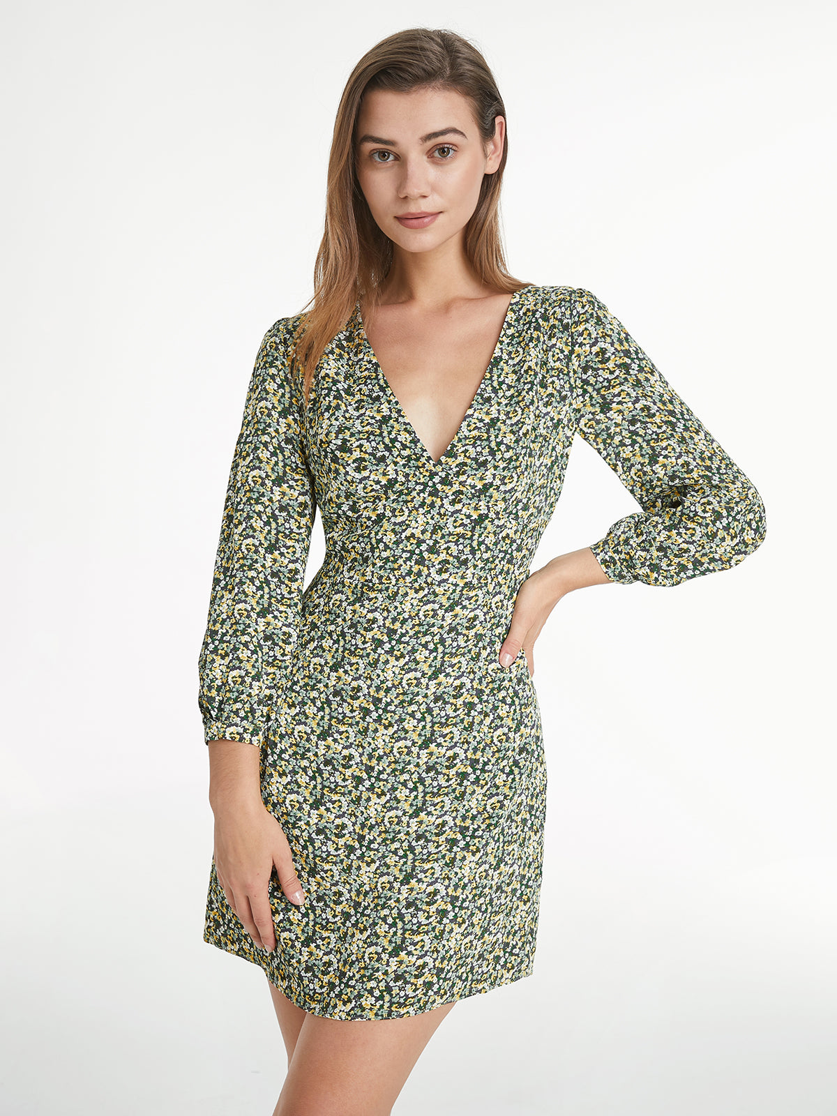 Thecomense - Mini Garden Floral Long Sleeve V Neck Mini Dress