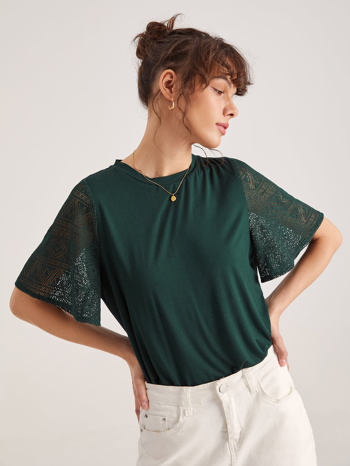 Thecomense - Emerald Green Contrast Lace Flutter Sleeve T-Shirt