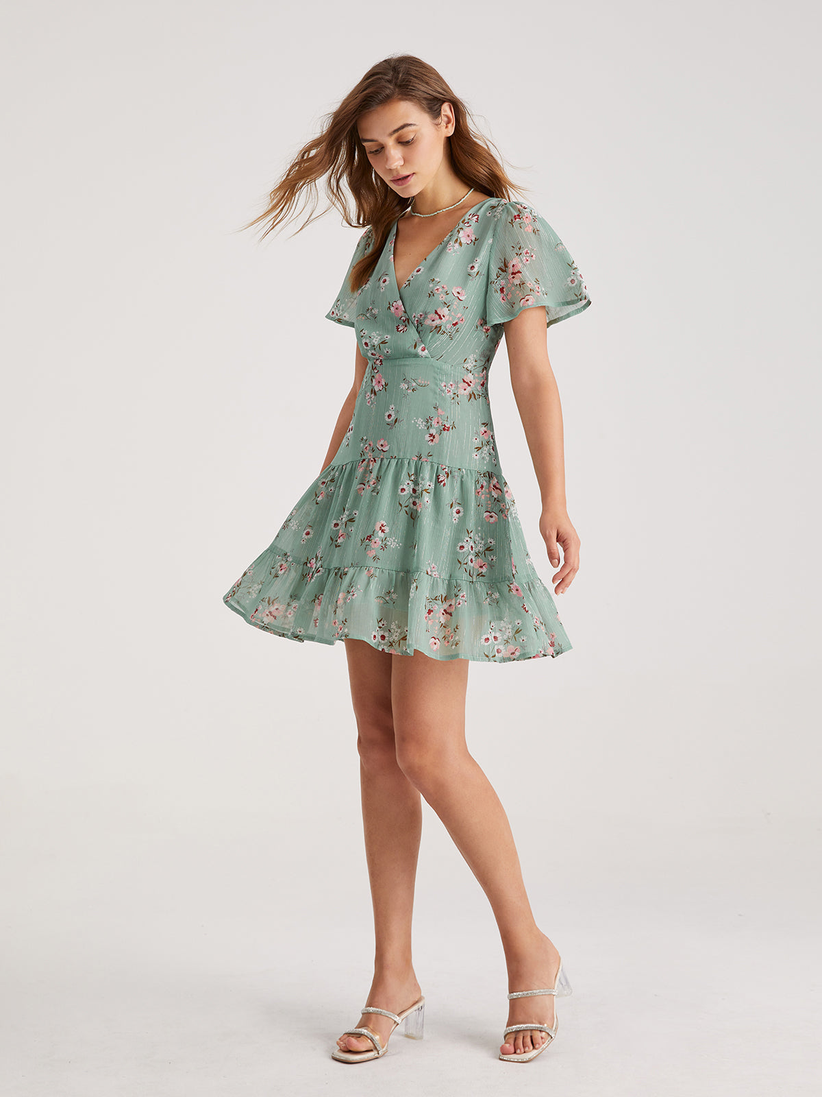 Thecomense - V-Neck Floral Tiered Short Dress