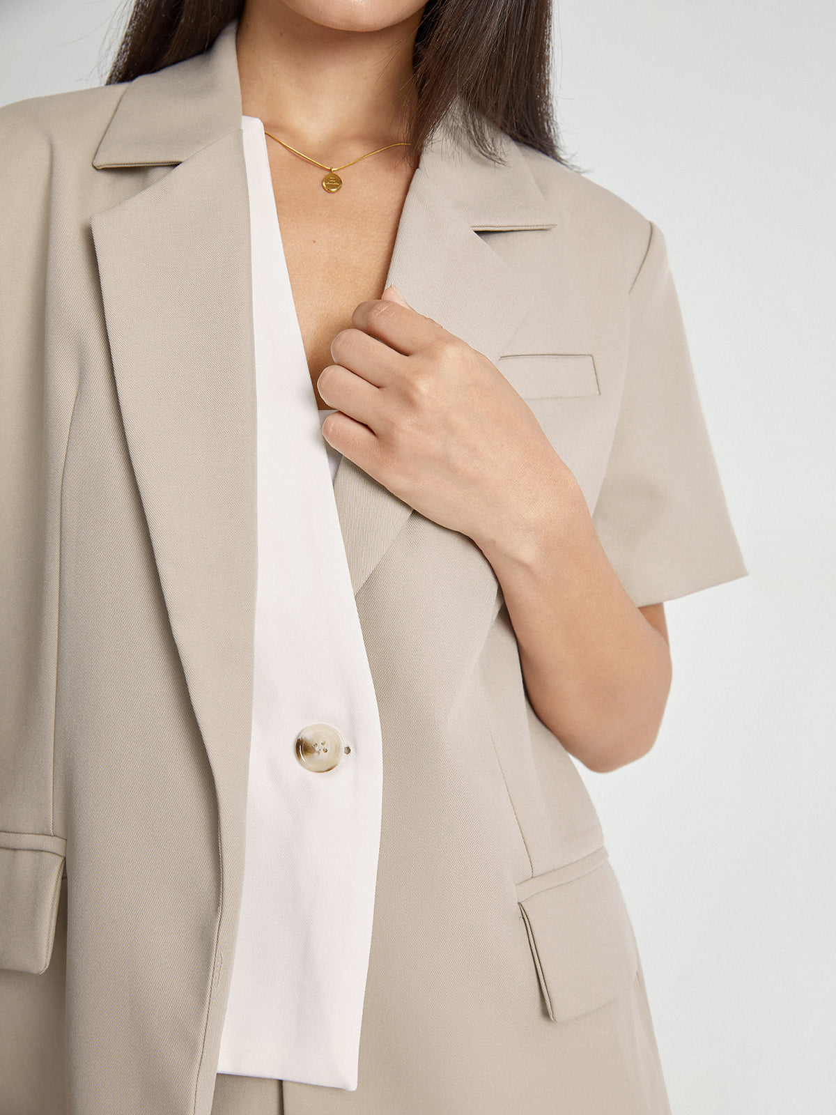 Thecomense - Short Sleeve Notch Lapel Contrast Vest Inlay Blazer