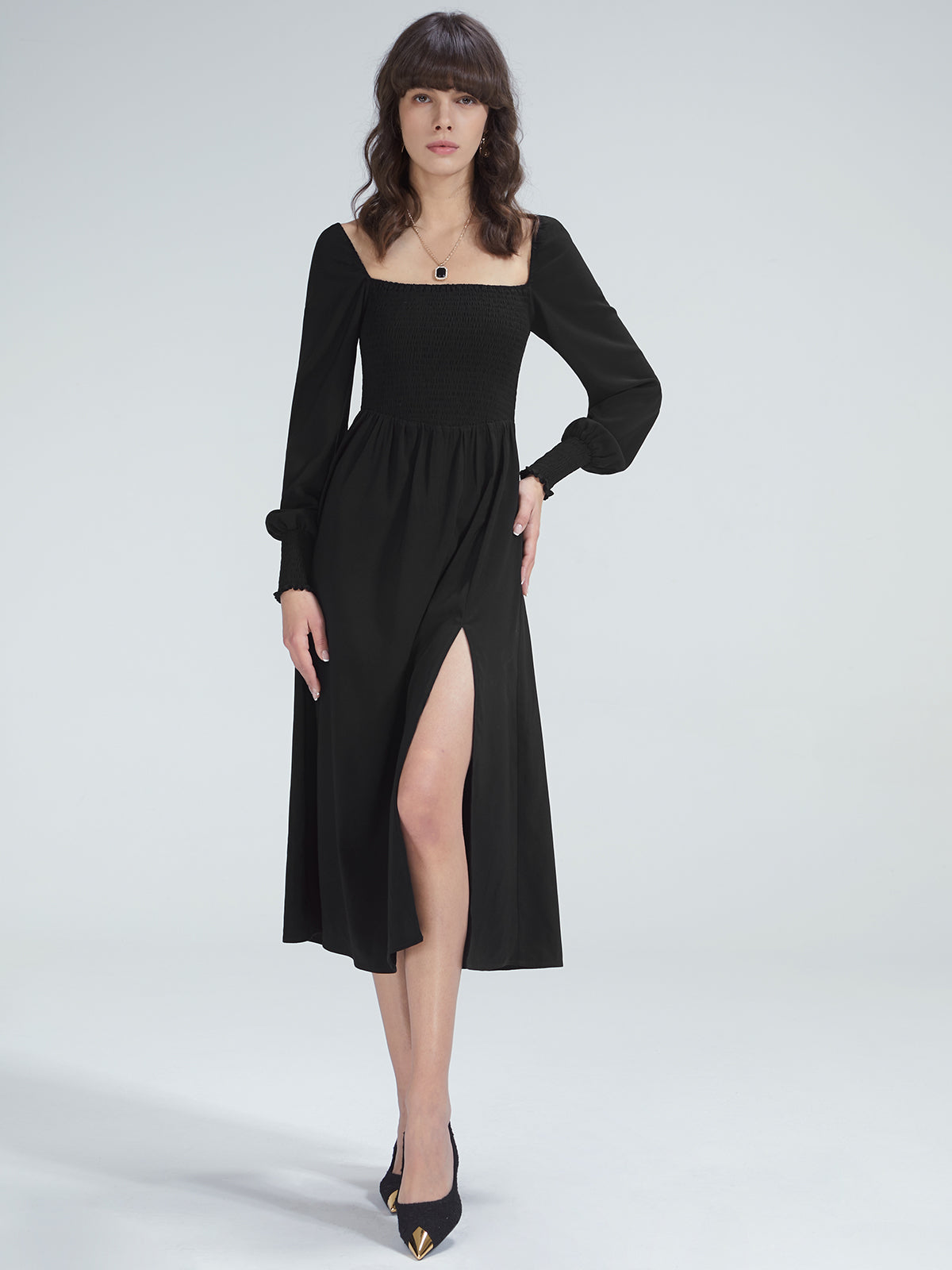 Thecomense - Square Neck Long Sleeve Slit Dress