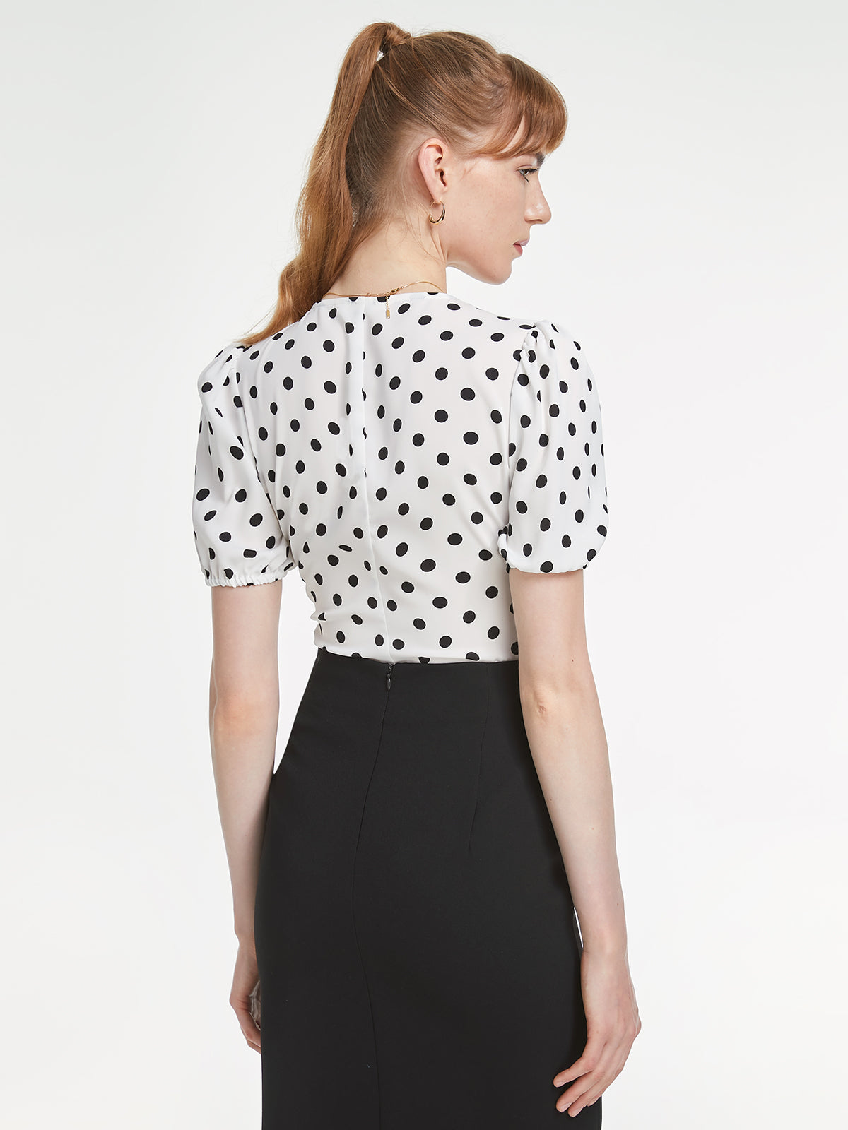 Thecomense - Short Sleeve V Neck Button Front Polka Dot Contour Top