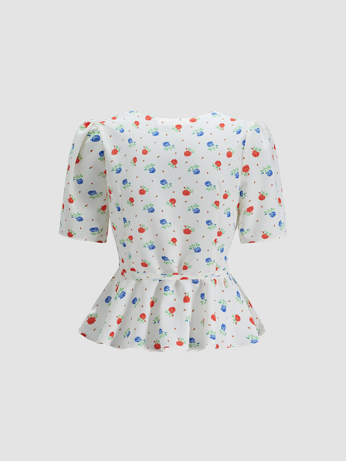 Thecomense - Belted Floral Ruffle Wrap Top
