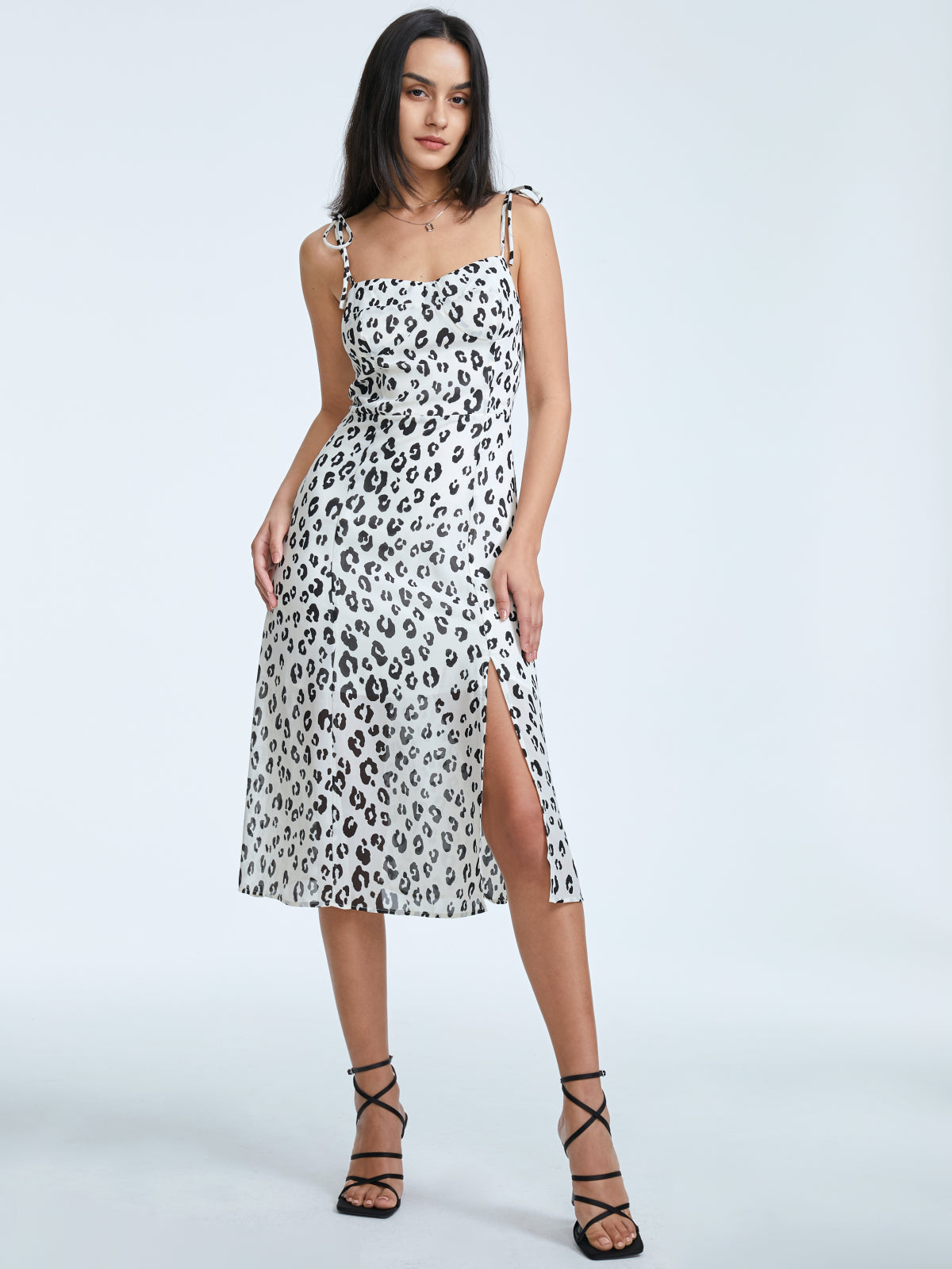 Thecomense - Square Neck Leopard Print Midi Strap Slit Dress