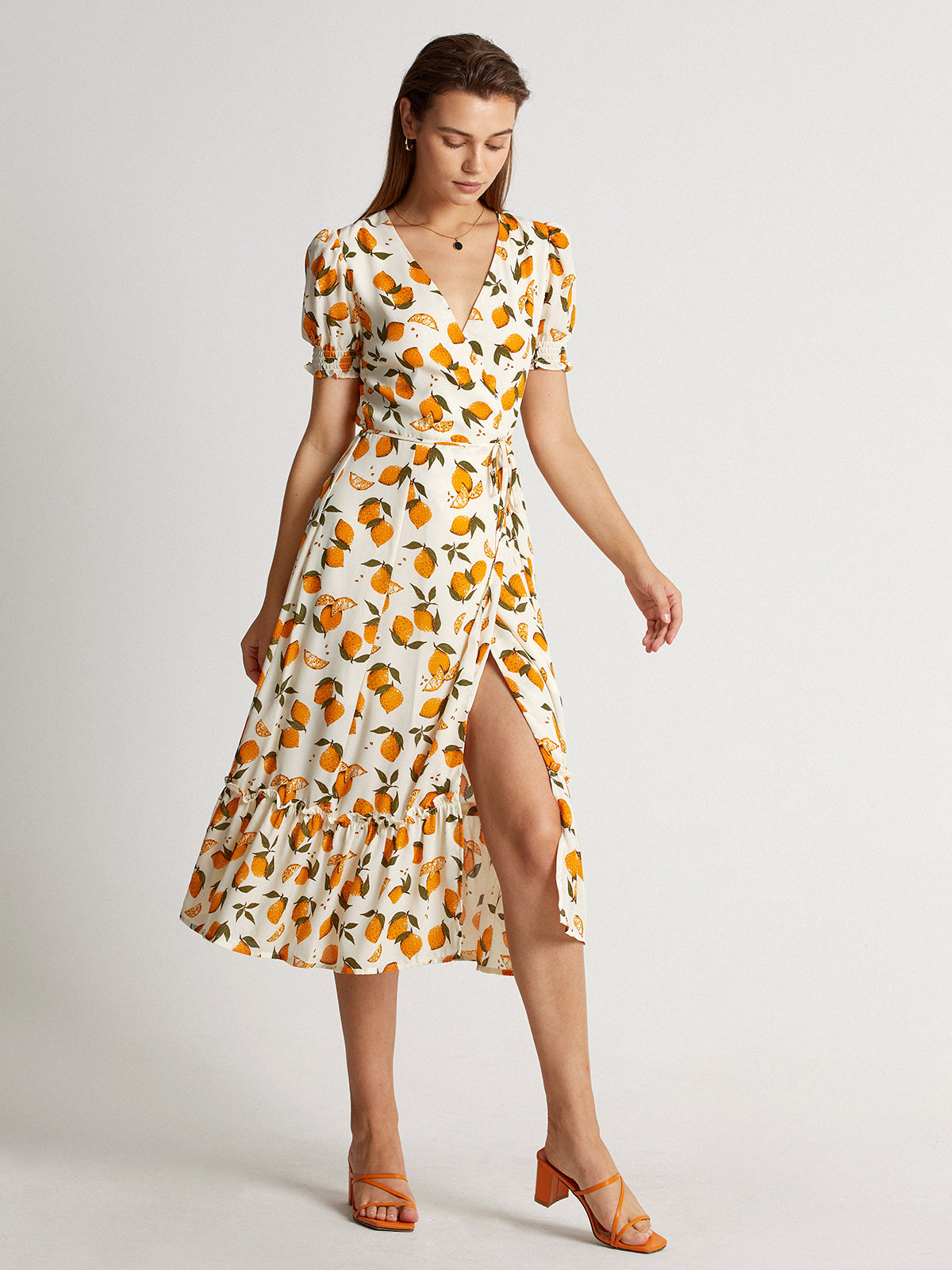 Thecomense - Short Puff Sleeve Orange V-Neck Midi Ruffle Dress