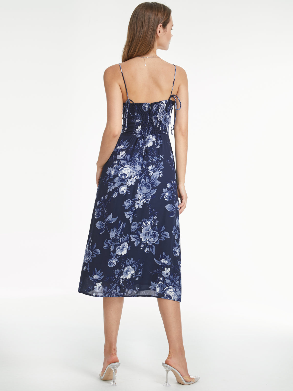 Thecomense - Sweetheart Aqua Floral Bloom Contour Strap Slit Dress