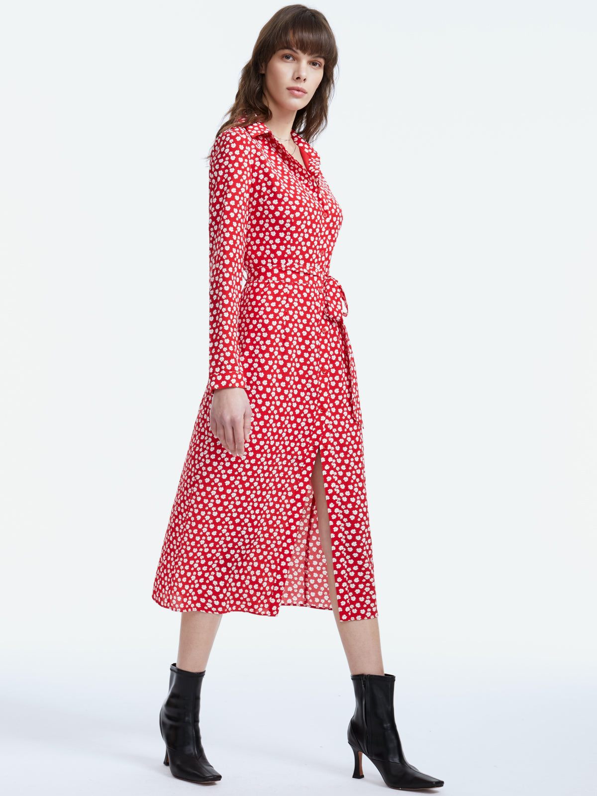 Thecomense - Long Sleeve Floral Collared Belted Slit Dress