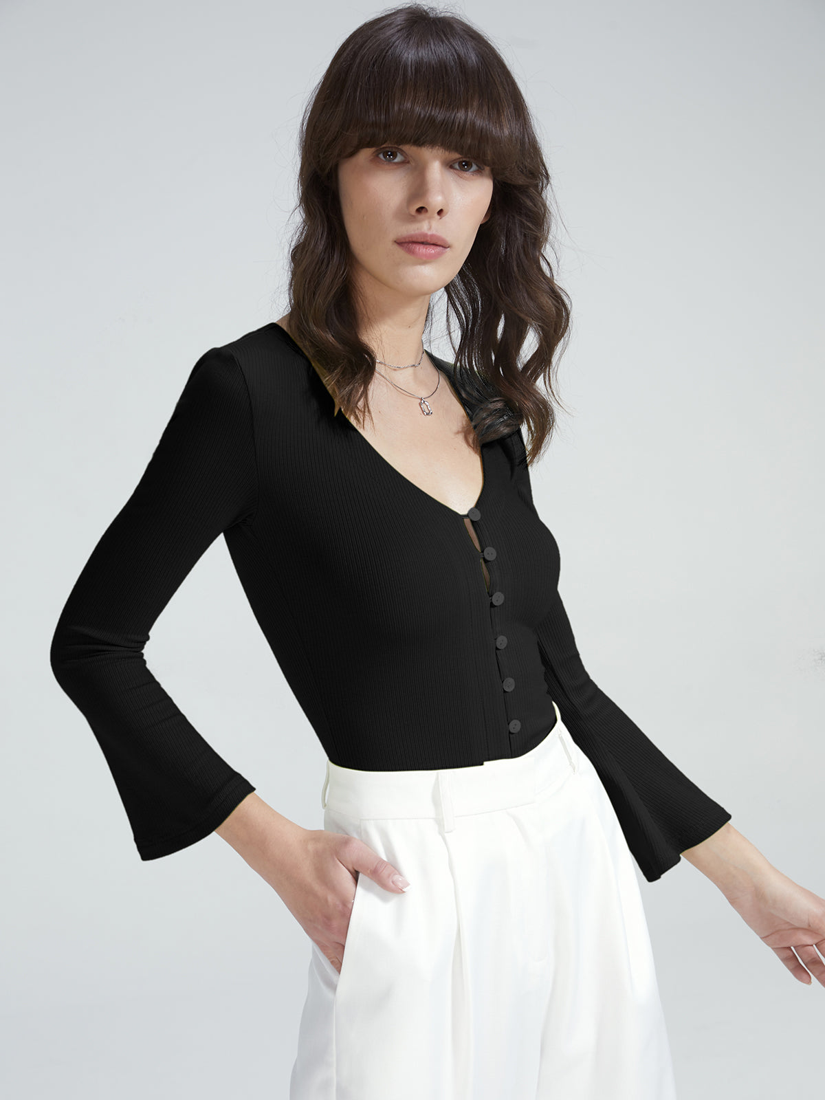 Thecomense - Scoop Neck Button Front Long Sleeve Top