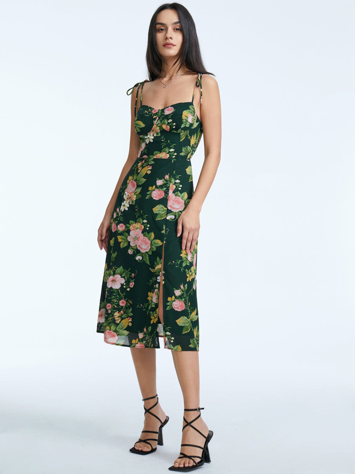 Thecomense - Floral Bloom Contour Midi Strap Dress