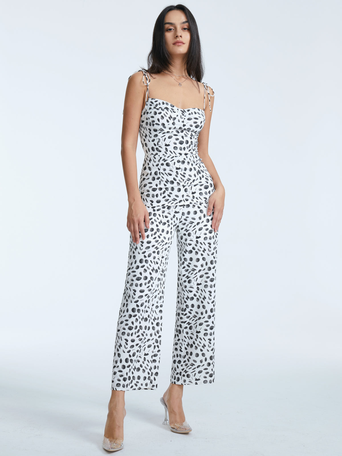 Thecomense - Tie Strap Contrast Print Wide Leg Jumpsuit