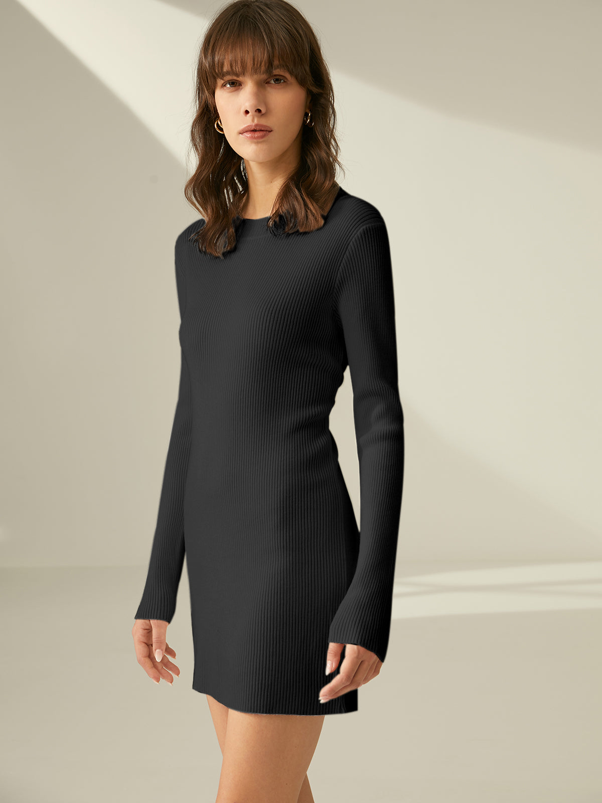 Thecomense - Ribbed Crewneck Sweater Dress