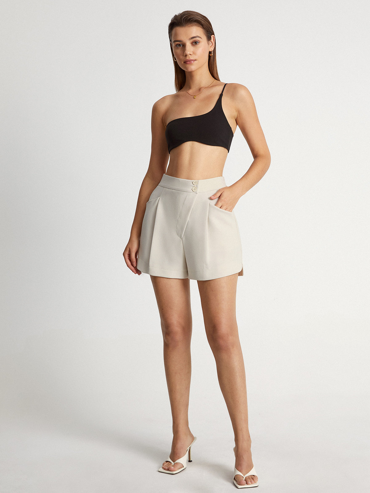 Thecomense - High Waisted Asymmetrical Pleat Front Trouser Shorts