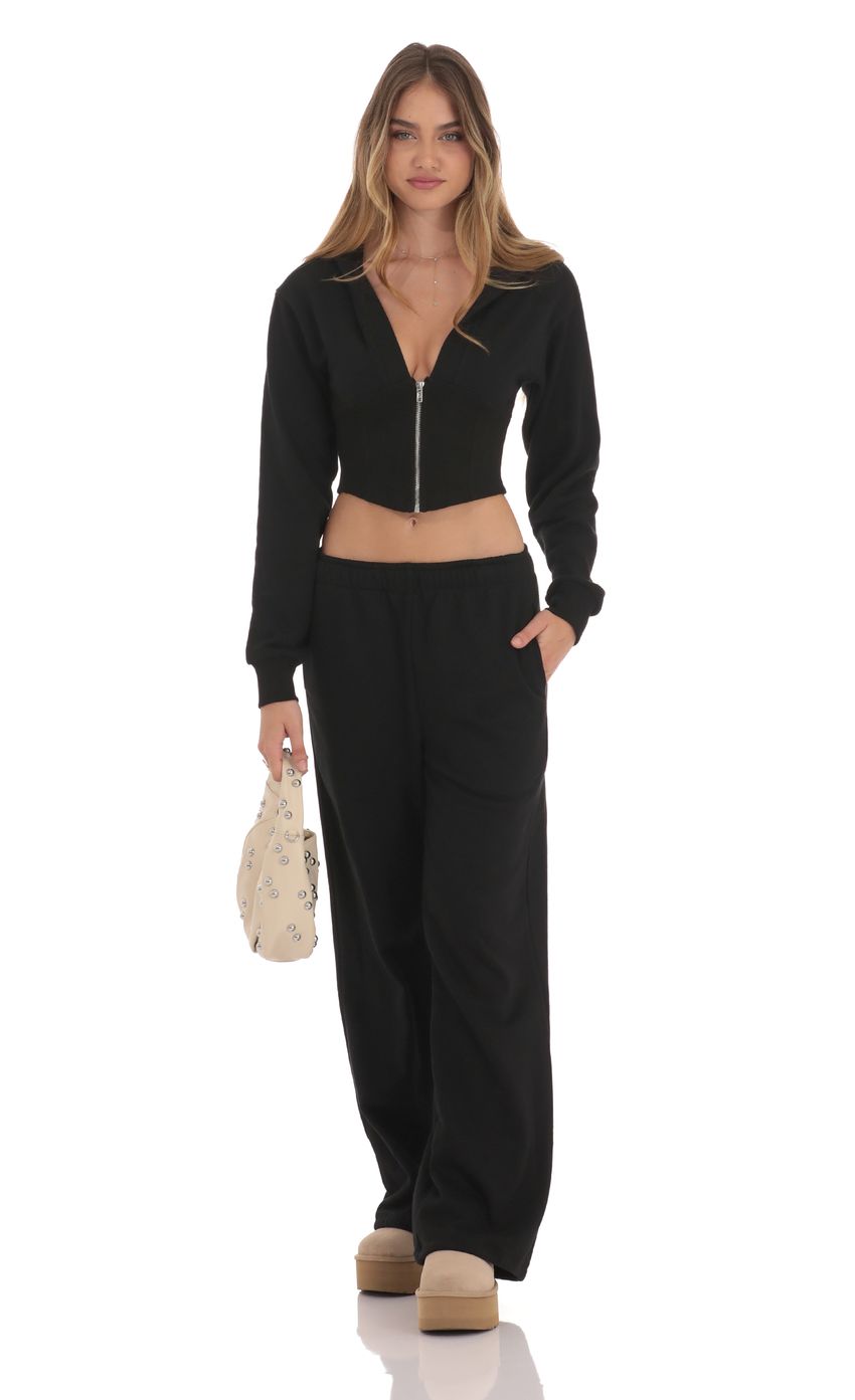 Cropped Pointed Hoodie Sports Suit in Black