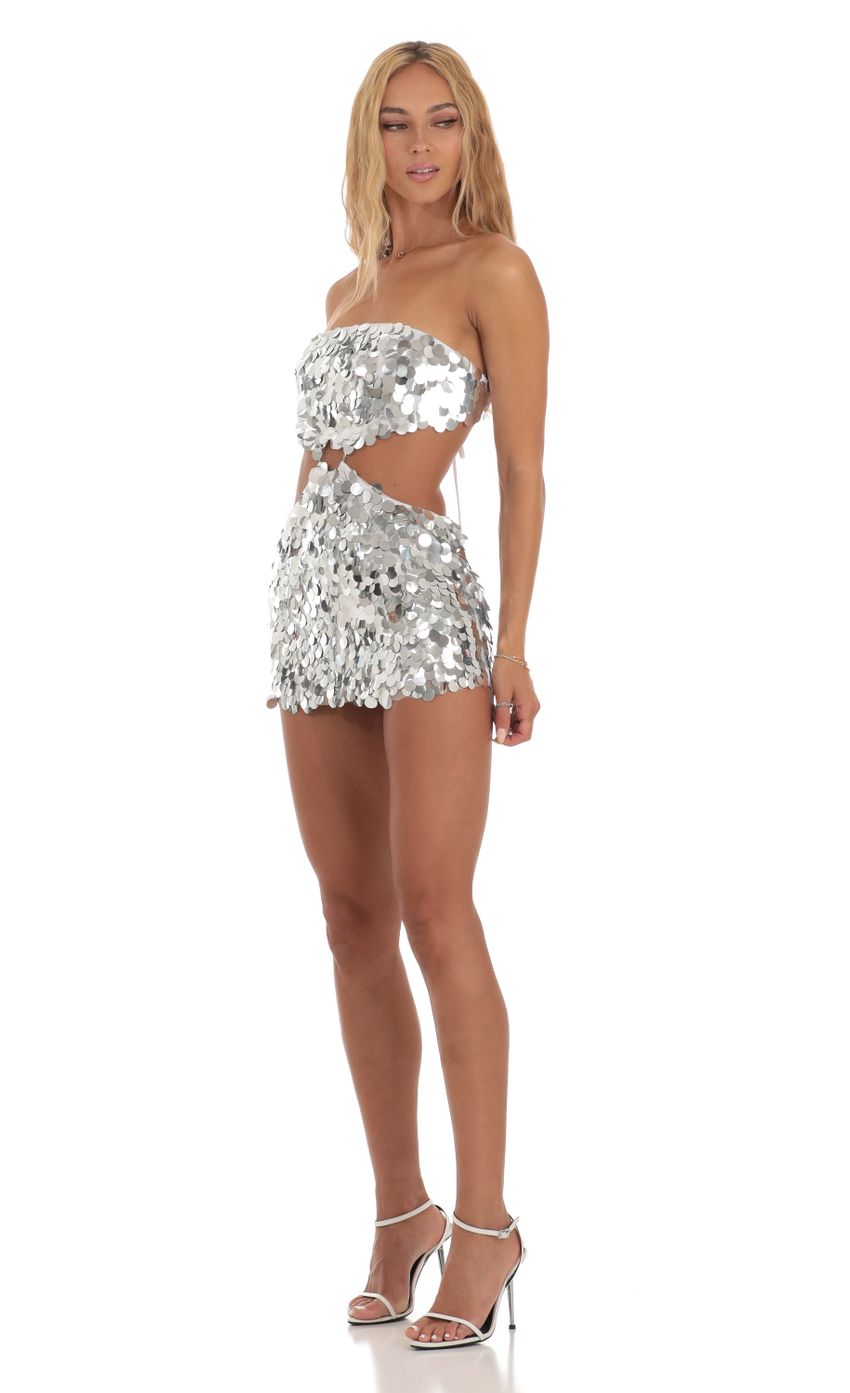 Silver Sequin Cutout Dress in White