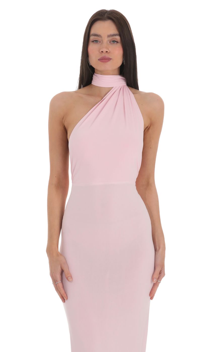 One Shoulder Scarf Strap Maxi Dress in Pink