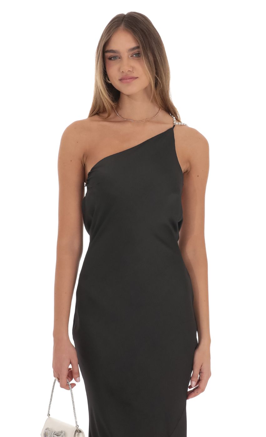 One Shoulder Pearl Satin Maxi Dress in Black