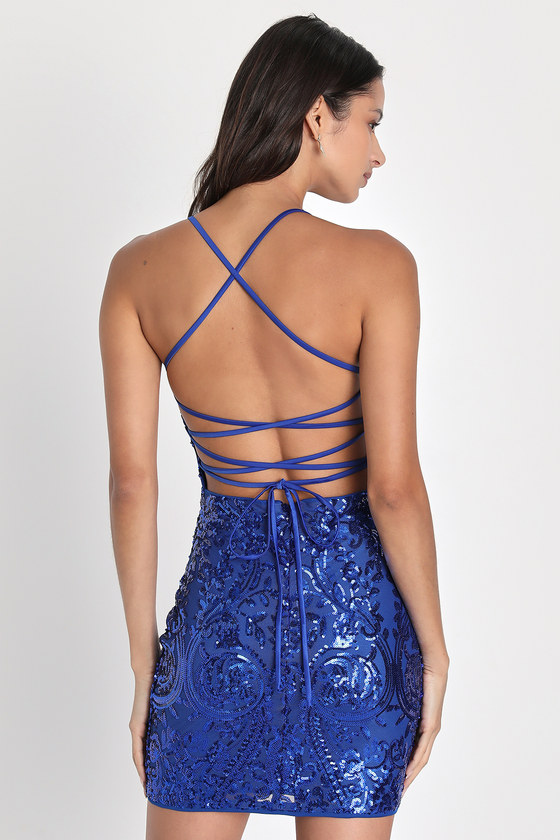 Shining Goddess Cobalt Blue Sequin Lace-Up Mini Dress