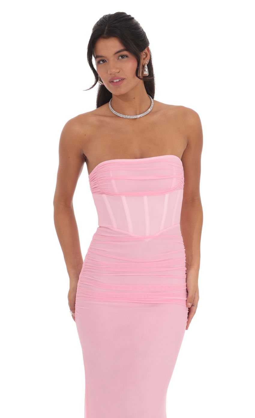 Mesh Strapless Corset Maxi Dress in Pink