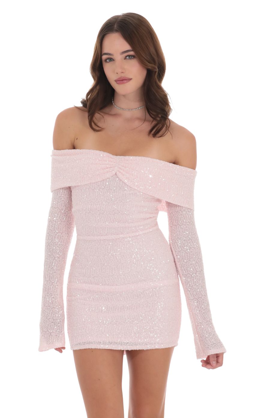 Sequin Off Shoulder Dress in Pink