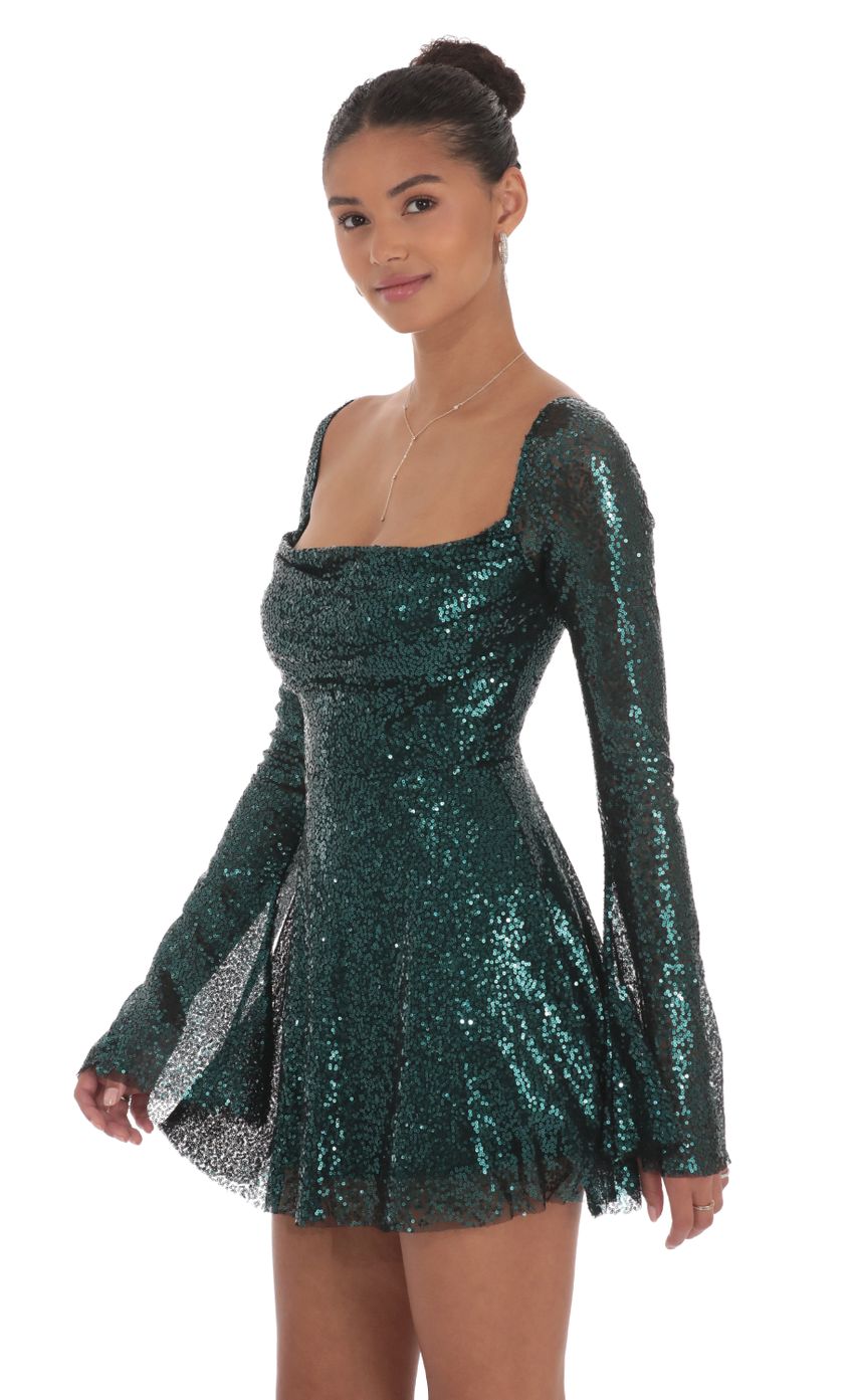 Sequin Long Sleeve Fit and Flare Dress in Green