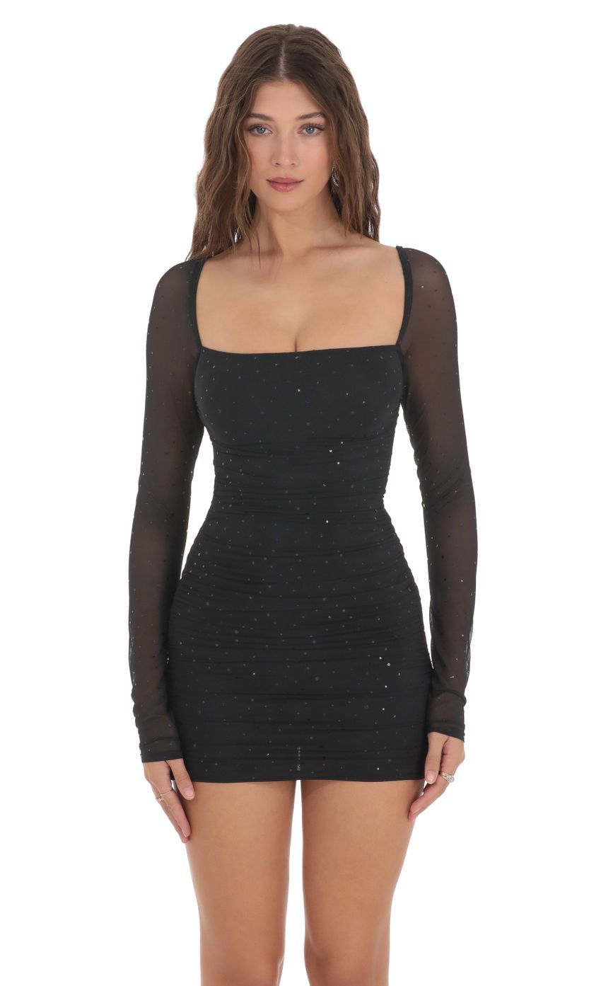 Shimmer Mesh Ruched Dress in Black