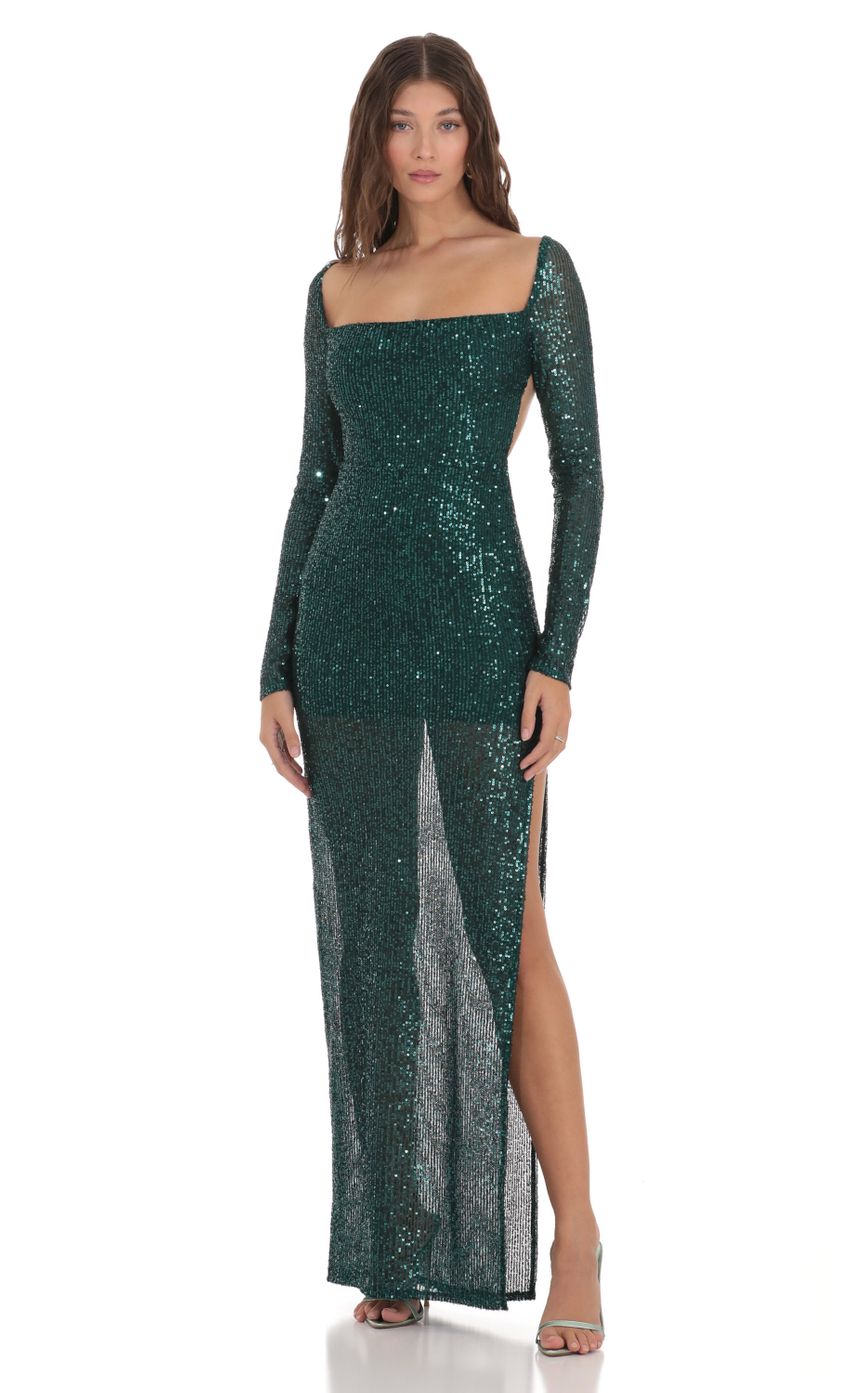 Sequin Open Back Dress in Green
