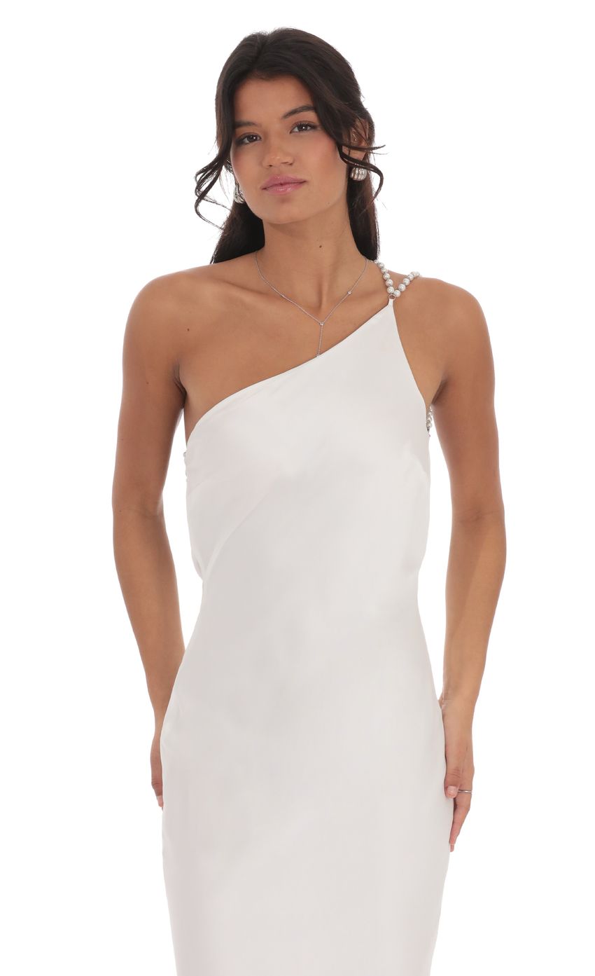 One Shoulder Pearl Satin Maxi Dress in White