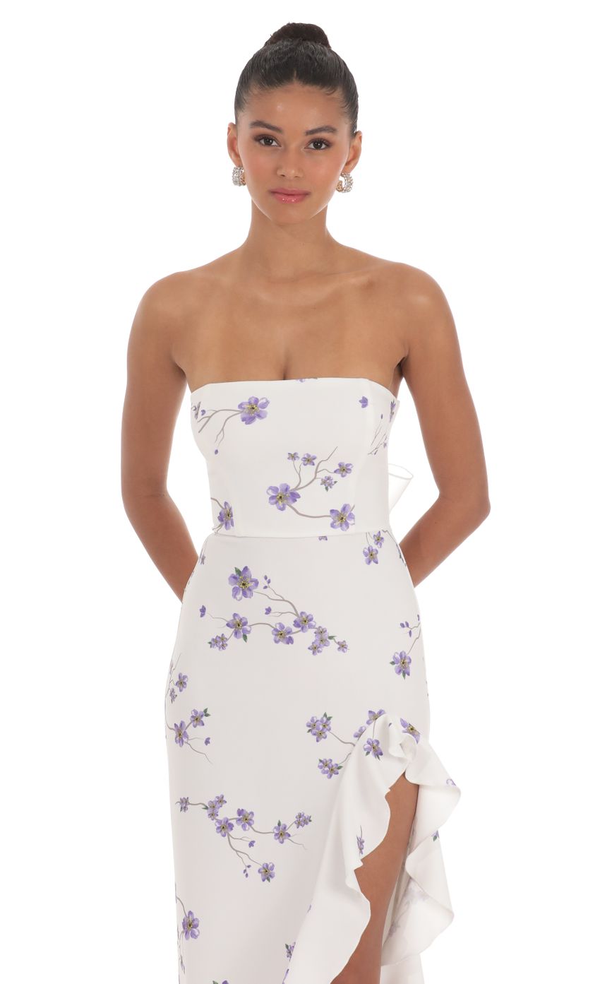 Floral Strapless Back Bow Corset Maxi Dress in White